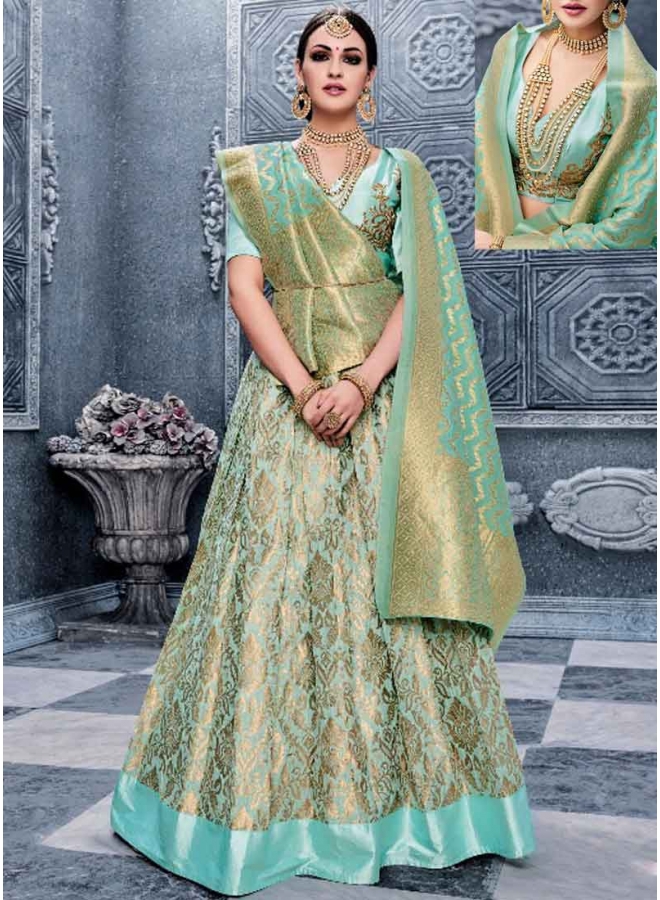 Kanika Kapoor Turquoise Embroidery Work Banarasi Silk Wedding Lehenga Choli